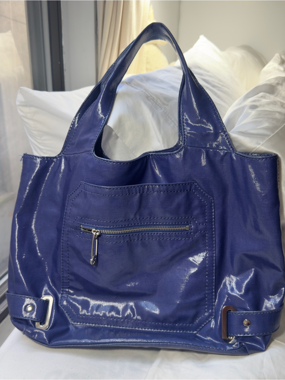 Shiny Blue Patent Tote Bag with Front Zip Pocket - Maxx New York